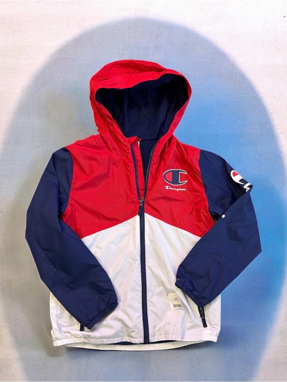 NWT | Champion Kids Red/Navy/White Hooded Colorblock Windbreaker